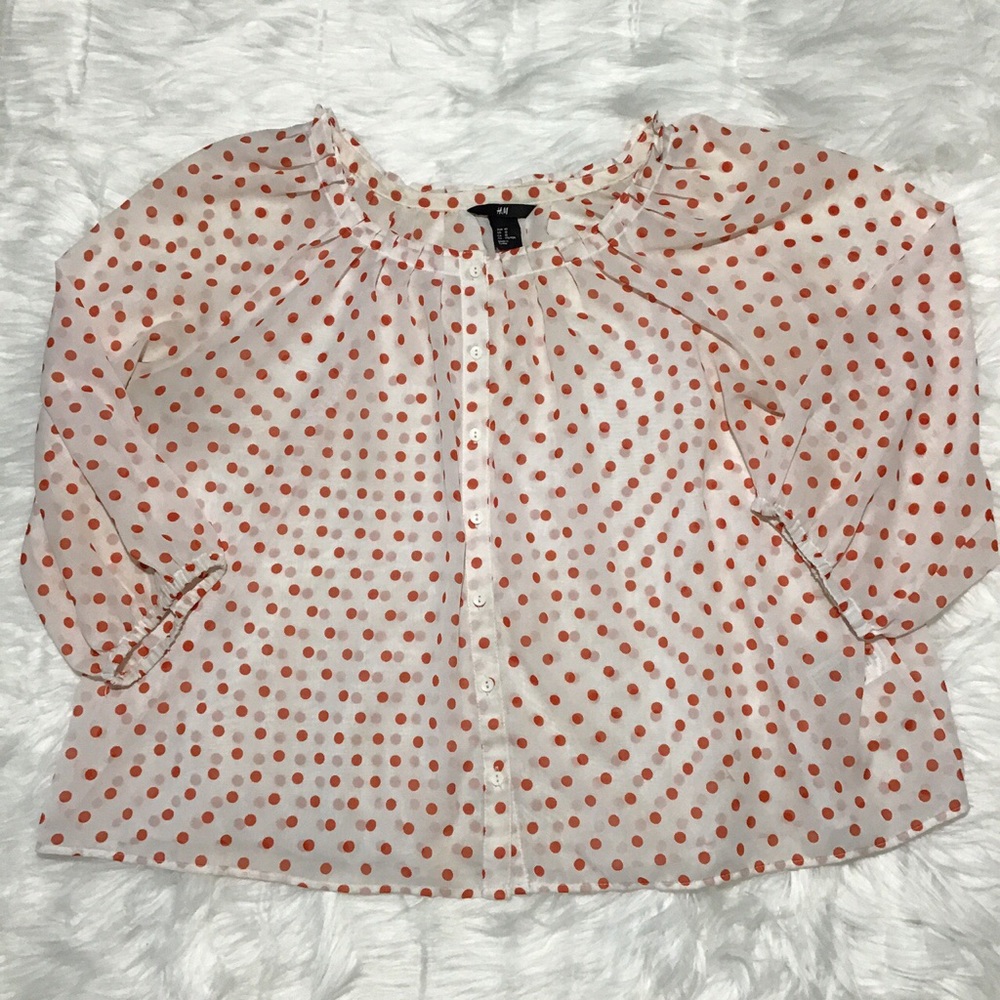 H&M Women’s White With Red Polkadot Sheer Babydoll Top